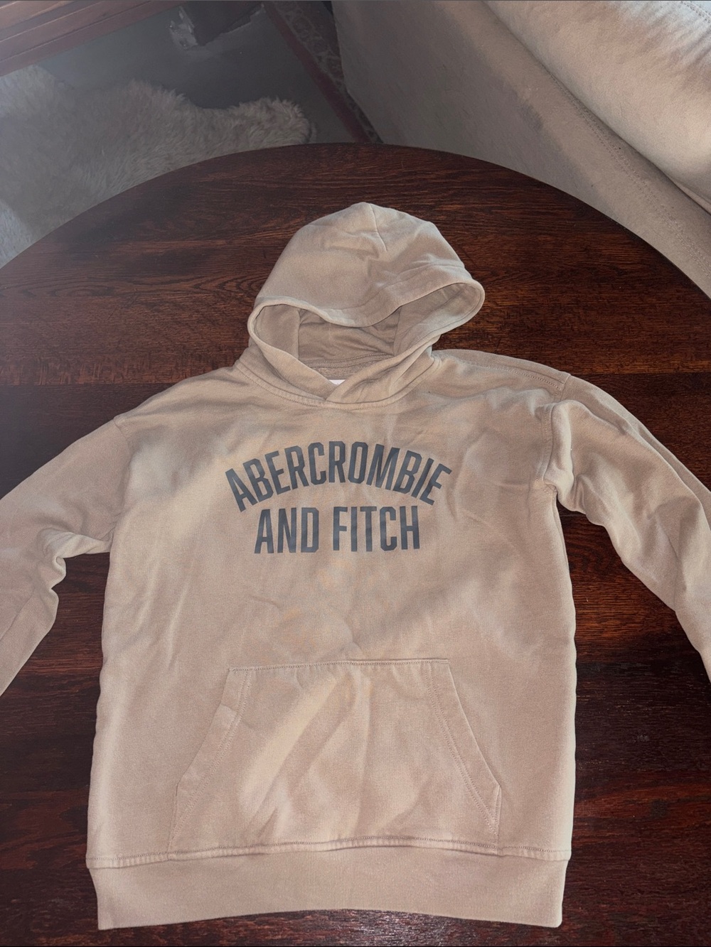 abercrombie kids beige pullover hoodie with blue logo